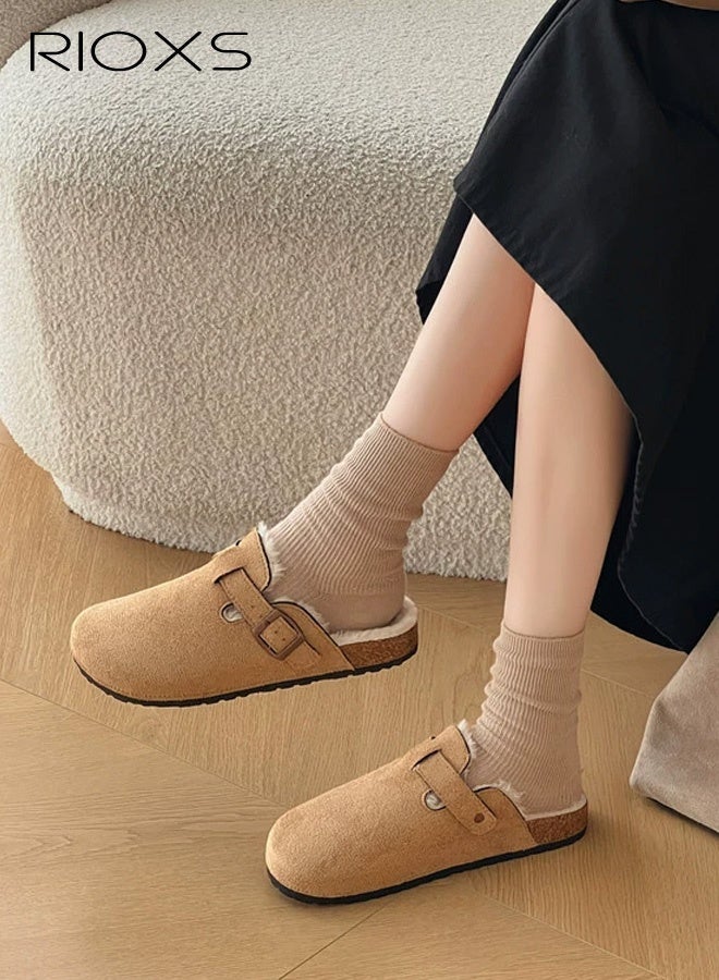 RIOXS Women's Fur Lined Suede Clogs, Slip On Lightweight Fuzzy Cork Footbed Mules for Ladies, Winter Warm Mules with Adjustable Buckle, Suitable for Dardening, Walking the Dog, Running Errands, or Relaxing at Home, Khaki - Image 1